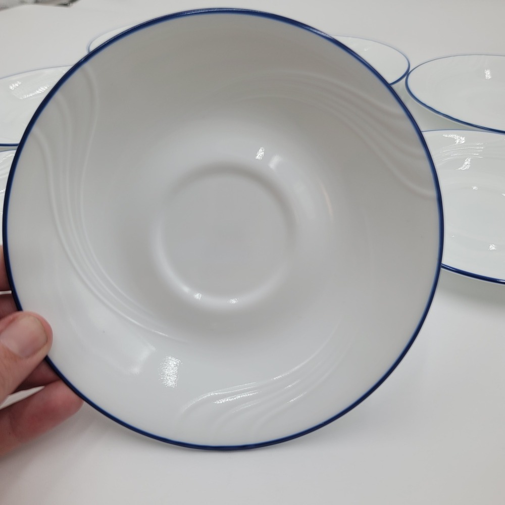 8pc Corelle Celestial Blue Swirl Saucers Blue Rim White Vitrelle 6.25 Inch USA - Picture 3 of 5